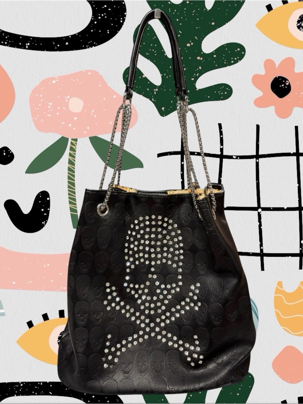 Large Black Skull Embossed Faux Leather Rhinestone Shoulder Bucket Bag